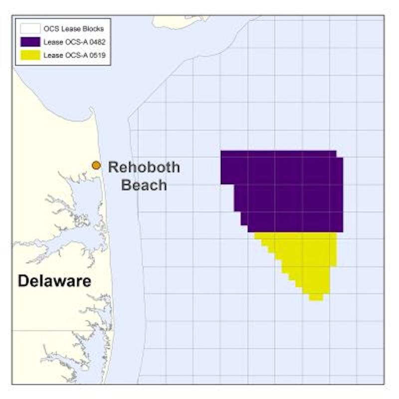 The federal wind farm lease area off the shores of Delaware. Ørsted has been awarded contracts for both sections. BOEM IMAGE